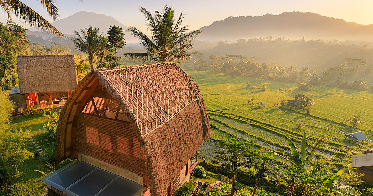 Morning views over the rice fields and onto Mt. Agung from the Holiday Accommodation in Sidemen - Bali - Villa Uma Dewi Sri