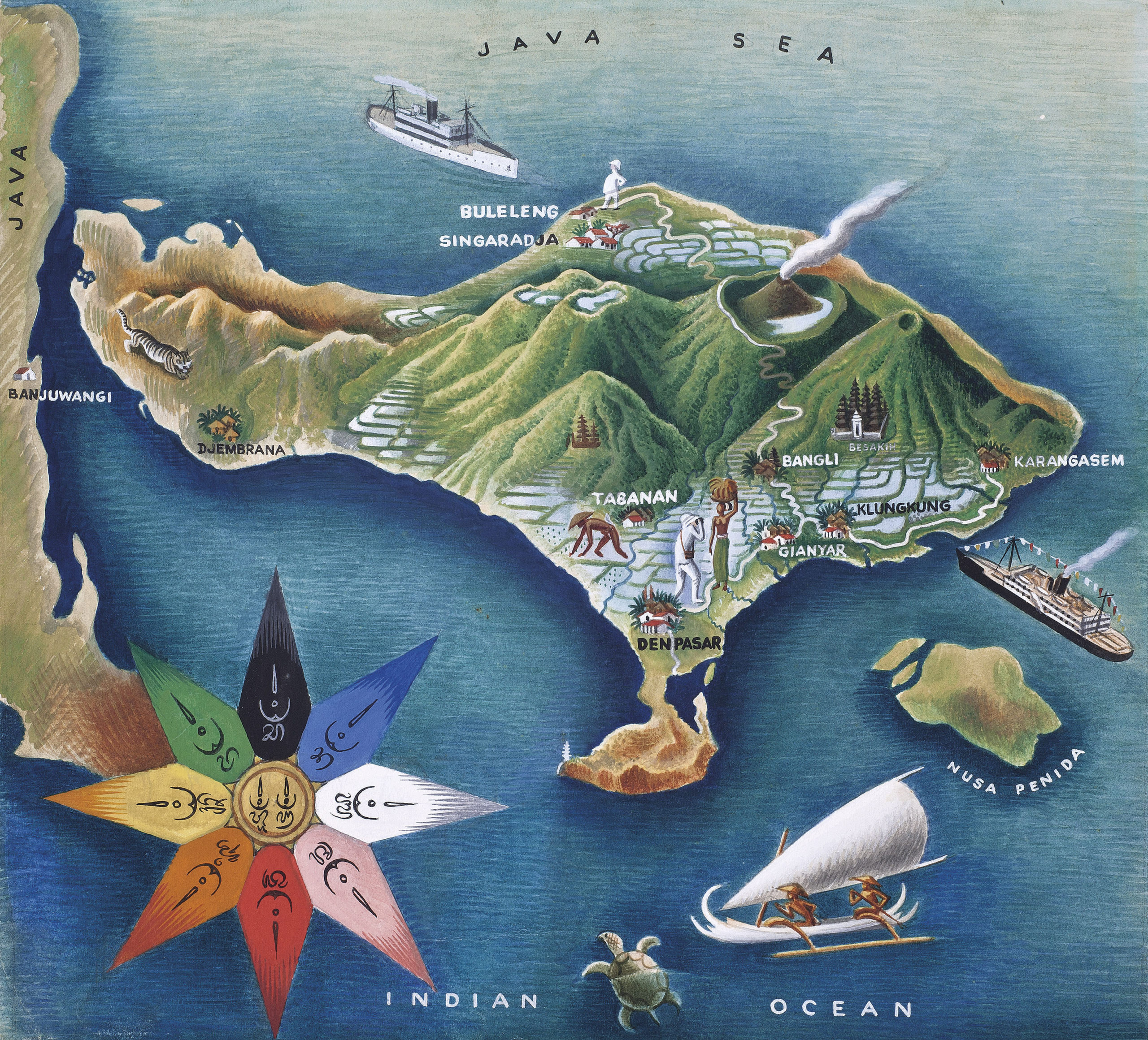 Karte von Bali mit einer Windrose. Gouache und Aquarell auf Papier. MIGUEL COVARRUBIAS (1904-1957) 