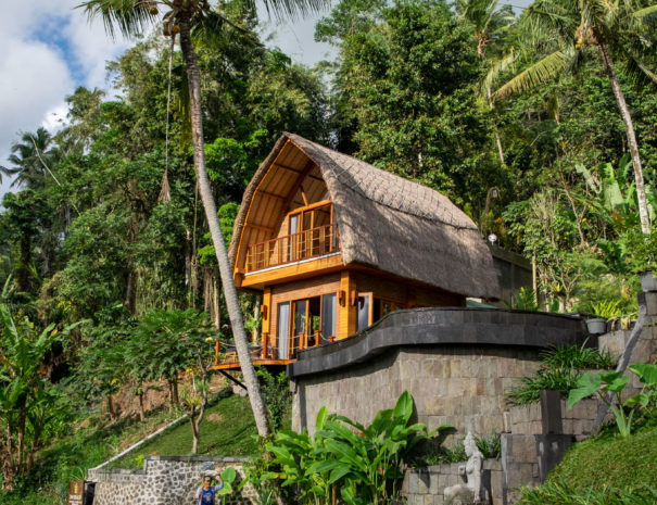 Villa Uma Dewi Sri in Sidemen seen from the creek in front of the hotel.