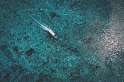 Birds eye view from a ferry boat from Bali to Nusa Penida